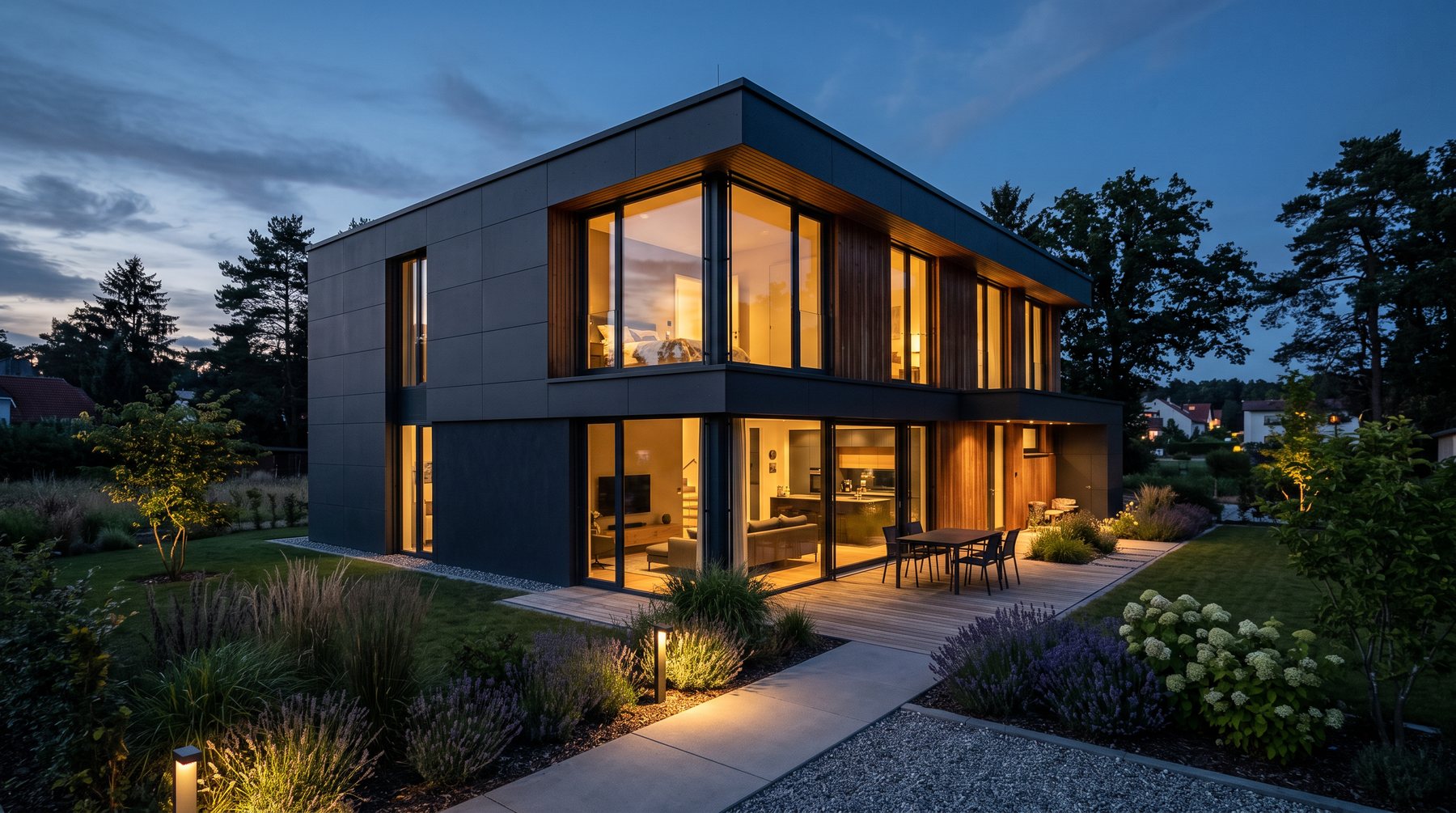 Modernes Neubauhaus zur blauen Stunde