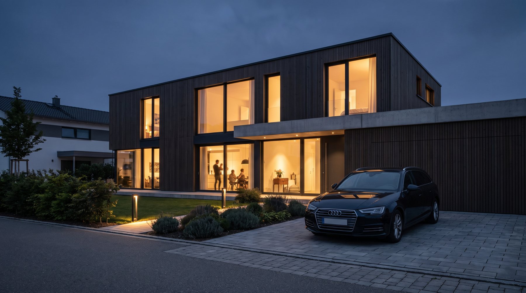 Modernes Wohnhaus am Abend mit warm beleuchteten Fenstern