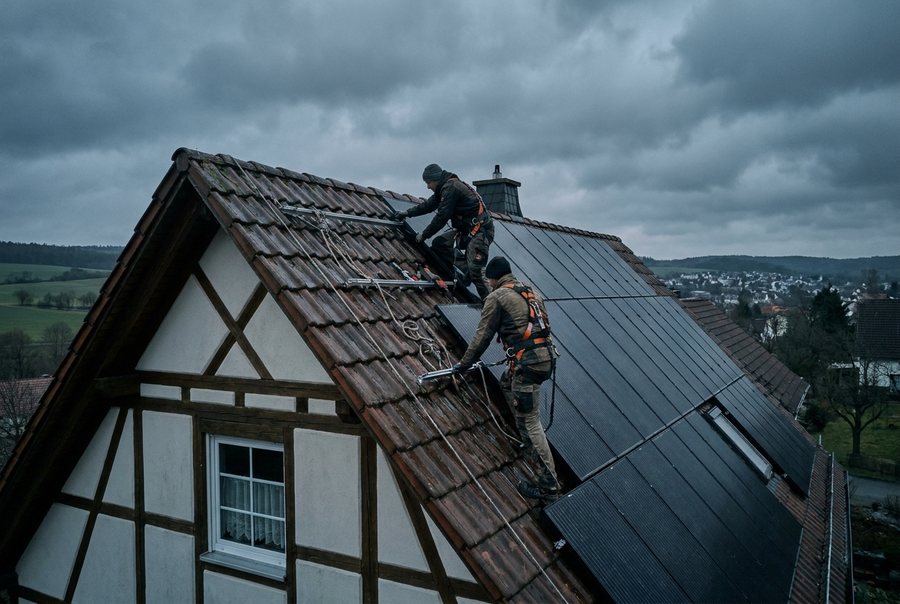 Montage einer Photovoltaikanlage auf einem Hausdach
