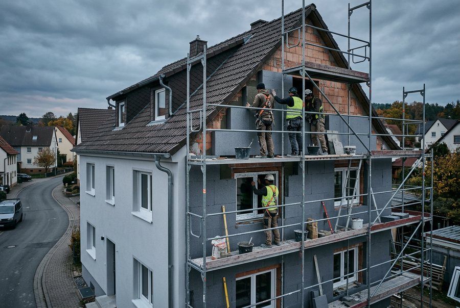 Energetische Sanierung einer Hausfassade mit Dämmung